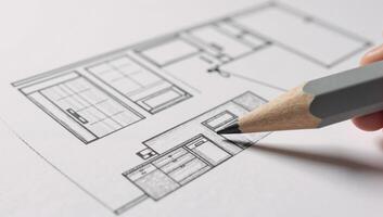 Modern kitchen layout in sleek style featuring topnotch appliances illustrated as an intricate pencil sketch ideal for design presentations or showcasing home remodeling projects photo