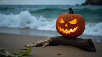 Spooky beach Halloween scene Glowing JackOLantern amidst ocean waves Seasonal Promotion photo