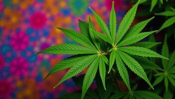For a lively and festive 420 celebration marijuana photography with vibrant cannabis leaves against colorful psychedelic backdrop photo