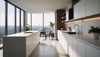 Modern highend open concept kitchen within a luxury apartment photo