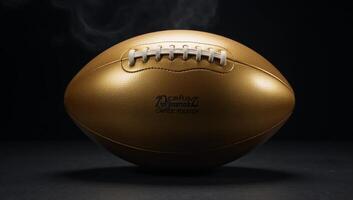 Goldplated football laces shine on an officialsize ball amidst a foggy backdrop creating a sense of championship games tension photo