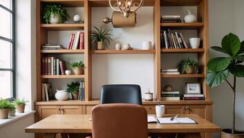 Cozy Bohostyle Home Office featuring a tall bookshelf warm lighting Photoshop photo