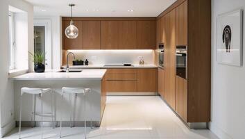Modern kitchen design showcasing terrazzo tile and countertops along with wood cabinets and contemporary details photo