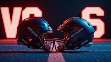 A cinematic clash of football helmets under glowing neon VS signs photo