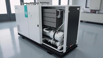 Hydrogen fuel cell system components are illustrated with detailed precision photo