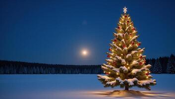 A beautifully decorated Christmas tree stands amidst a starry winter landscape with snowy ground and distant trees photo