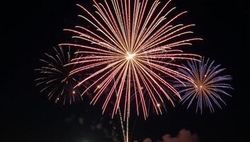 Nighttime firework explosion over a 4th of July themed backdrop photo