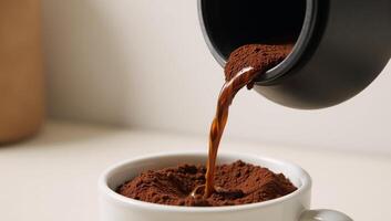 Coffee flowing from grinder showcasing enticing brewed grounds for promotion of coffee brands and establishments photo