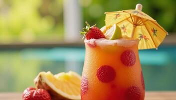 Colorful Tropical Drink with Umbrella Fruit Garnish Ideal Summer Refreshment photo