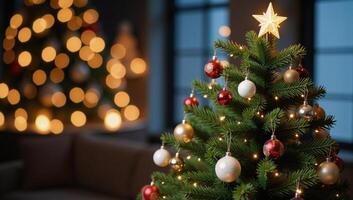 A lavishly adorned Christmas tree features colorful ornaments sparkling lights and a shining star atop it photo