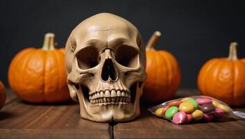 Skull sits with pumpkins and candy on a table photo