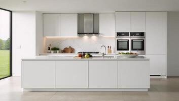Modern minimalist kitchen scene featuring blurred white furnishings photo
