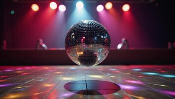 A vibrant scene featuring a disco ball against a backdrop of spinning lights and more disco balls photo