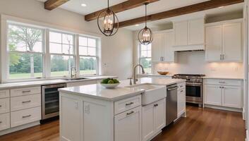 Luxury traditional kitchen features hardwood floors wood beams large island with quartz counters includes farmhouse sink elegant pendant lights large windows photo