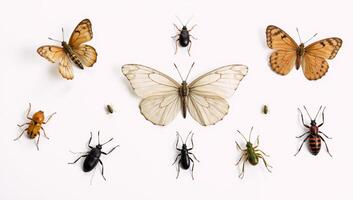 Highmagnification image showcases various bugs against a pure white background with intricate details of their tiny features photo