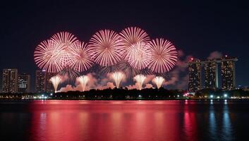 Fireworks display illuminating city skyline at night over water reflection photo
