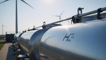 Closeup image of an industrial hydrogen fuel tank amidst a backdrop of a hydrogen power plant signifying progress towards achieving net zero emissions by 2050 photo