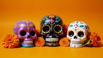 Colorful sugar skulls surrounded by marigolds on an energetic orange backdrop depicting the essence of Day of the Dead tradition photo