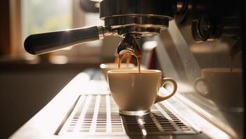 Modern coffee machine brews steaming espresso in sunlit kitchen scene Modern Coffee Machine Espresso Brewing photo
