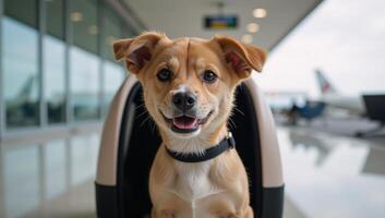 A neural networkcreated image portraying an adorable dog carrying a pet carrier at an airport setting photo