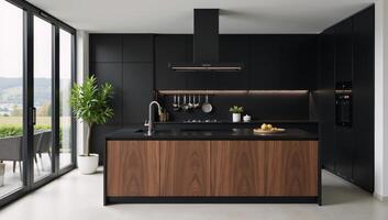 Dark kitchen with a harmonious blend of black and walnut finishes photo