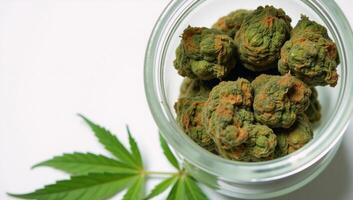 A green jar contains marijuana and accompanying leaves for medicinal or recreational use photo