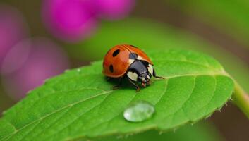 Ladybug resting on green leaf photo