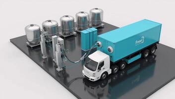 A Fuel Cell Truck is shown refueling at a 3Drendered hydrogen station complete with H2 gas tanks and battery storage containers photo