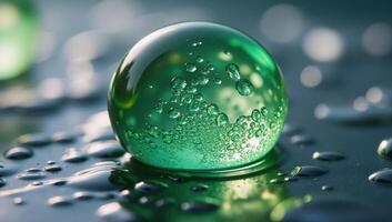 An artificial depiction of a green hydrogen water bubble with reflective properties photo