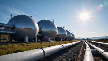 A modern factory showcases a spherical highpressure tank gas manufacturing facility featuring BPVC installations and surrounded by gas pipes on a bright day photo
