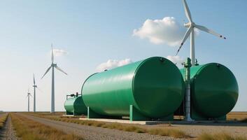 Wind Turbinetopped green hydrogen storage facility realistically rendered 3D visualization photo