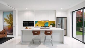 Stylized blend of photographic sketched imagery showcasing a contemporary kitchen design photo