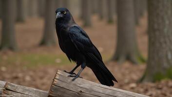 Majestic crow perched on weathered tree trunk dark atmospheric photo