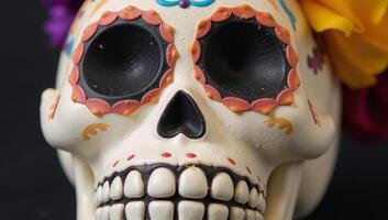 Artistic Sugar Skull featuring intricate designs typically seen during Dia de los Muertos celebrations photo