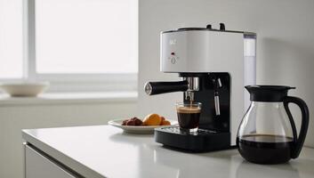 A stylish modern espresso machine serves up freshly brewed shots photo