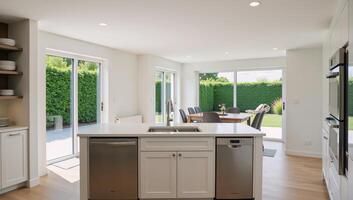 Modern kitchen showcasing an island countertop and patio doors photo