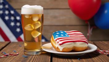 Celebrating Independence Day with a beer and flagshaped donut photo