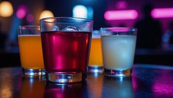 Bold neonlit nightclub ambiance showcasing glowing beverages against a mysterious backdrop photo
