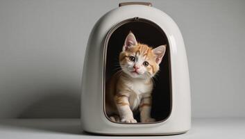 Adorable 3Drendered kitten playfully peering from pet carrier with soft shadows highlighting expressive face photo