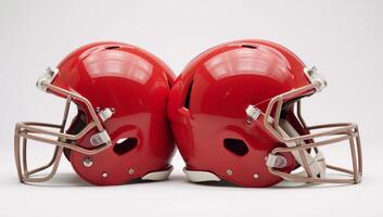 Closeup image Red American football helmets against a white backdrop photo