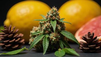 A vibrant marijuana bud with citrus accents lemons grapefruit and earthy notes pinecones showcasing the diverse terpene profile of cannabis strains photo