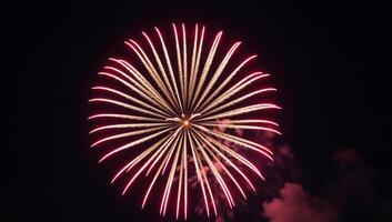 A striking shot showcasing a brightly glowing starburst from exploding fireworks against a dark backdrop at night photo