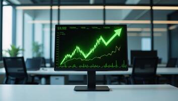 Glowing green stock market chart showing an upward trend on a digital display photo