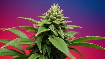 Painting displays detailed closeup of colorful cannabis plant with focus on leaves stems and intricate details photo