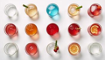 Topdown shot displaying colorful cocktails against a clean white backdrop photo