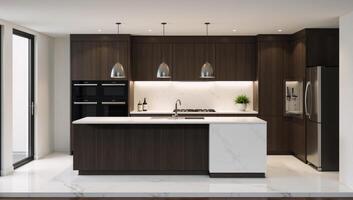 A modernstyled 3D rendering showcases an elegant kitchen interior design photo