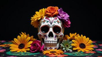 Day of the Dead theme Skull and vibrant floral arrangements against a dark backdrop Copy Space photo