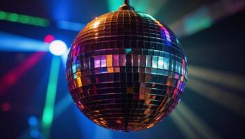 Disco ball illuminates the club with vibrant colorful reflections photo