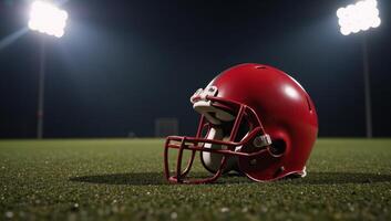 Red football helmet glows under spotlight on dirt field photo