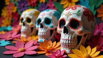 Brightly patterned papercraft Dia de Los Muertos skulls amidst lively paper flower arrangements photo